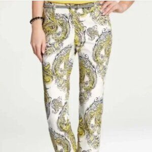 Ann Taylor White Paisley Print Ankle Pants with Yellow and Gray Accents